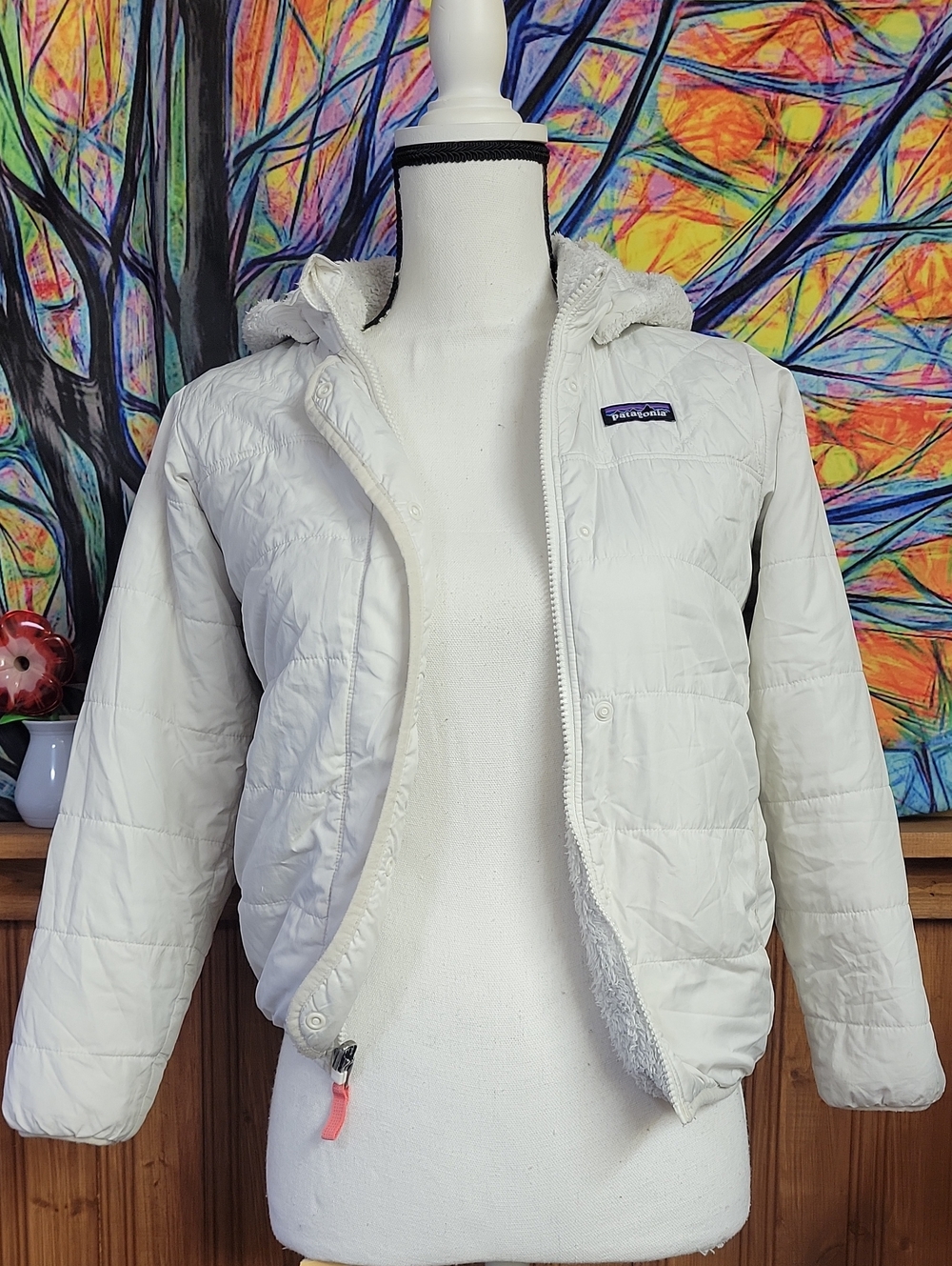 Patagonia Kids Med White  Hooded Puffer Jacket